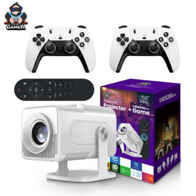 HCS350max Game Projector with Packaging and Accessories HCS350max gaming projector displayed with its packaging box and included accessories, ready for unboxing and setup.