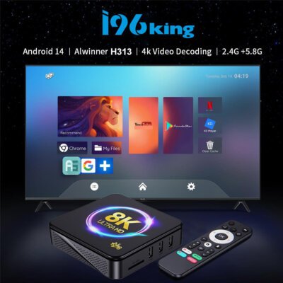 I96 King 8K TV Box Specifications Diagram – Android 14 Smart TV Box Specifications diagram of I96 King 8K TV Box showing Allwinner H313 CPU, 1GB RAM, 8GB storage, Android 14 OS, 2.4G + 5G WiFi, C90 IR remote, and 8K streaming capability for smart home entertainment