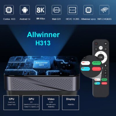 I96 King 8K TV Box Allwinner H313 Chip Highlight – Android 14 TV Box Close-up of I96 King 8K TV Box highlighting the Allwinner H313 CPU, featuring Android 14 OS, 1GB RAM, 8GB storage, 2.4G + 5G WiFi, and C90 IR remote for 8K smart TV streaming and high-performance entertainment