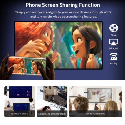 I96 King 8K TV Box Screen Sharing Feature – Android 14 Smart TV Box I96 King 8K TV Box demonstrating screen sharing functionality, allowing small devices to mirror content to a large screen, featuring Android 14 OS, Allwinner H313 CPU, 1GB RAM, 8GB storage, 2.4G + 5G WiFi, and C90 IR remote for 8K streaming and gaming