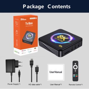 I96 King 8k TV Box 7 Accessories included with I96 King 8K TV Box, featuring C90 IR remote, power cable, and user manual, compatible with Android 14 OS, Allwinner H313 CPU, 1GB RAM, 8GB storage, 2.4G + 5G WiFi, and 8K streaming capabilities