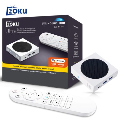 Front view of Zoku C5 PRO Android TV Stick showing sleek design, Allwinner H618 chipset, 4GB RAM, 64GB storage, 8K streaming, WiFi 6, Bluetooth 5.4, and Bluetooth voice remote for smart TV functionality.