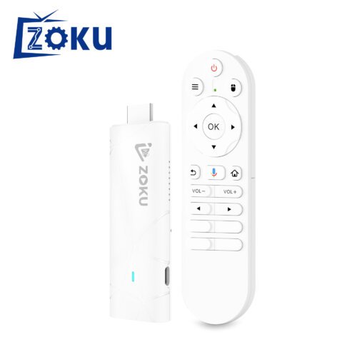 Front view of Zoku Z2 Android TV Stick showing compact 4K streaming device with Amlogic S905D2 chipset, Android 14 Google TV, 2GB RAM, 16GB storage, WiFi 6, and Bluetooth 5.4 with voice remote.